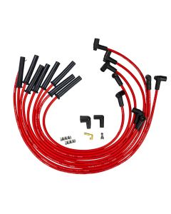 IGNITION SPARK PLUG WIRE SET, ULTRA 350, 8MM, MULTI ANGLE BOOT, RED, GM, CHEVY, BBC, 366-454, HEI STYLE W/O COIL IN CAP, OVER HEADER / VALVE COVER