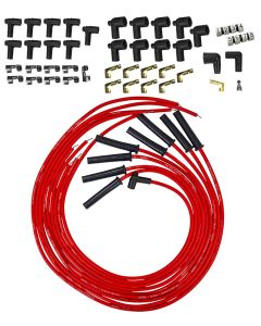 IGNITION SPARK PLUG WIRE SET ULTRA 350 8MM MULTI ANGLE BOOT, RED, UNIVERSAL HEI AND NON-HEI STYLE CAPS