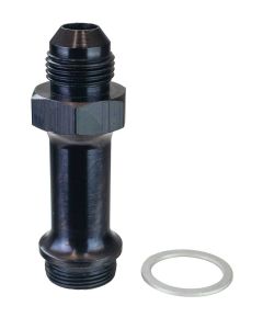 CARBURETOR FUEL INLET FITTING, 8 AN X 7/8-20 3 IN LONG, BLACK ANODIZED