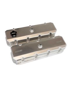 VALVE COVERS, BBC, MONSTER TRUCK, 3.875 IN. TALL, POCKETS ON EXHAUST & TUBES ON INTAKE, FAB. ALUM., W MALE BREATHER,