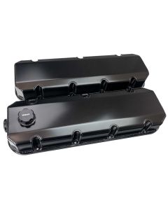VALVE COVERS, BBC, FABRICATED ALUMINUM, WITH -12 VAC /BREATHER FITTING AND OIL FILL