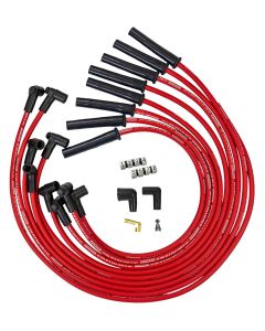 IGNITION SPARK PLUG WIRE SET, ULTRA 40, 8.5MM, MULTI ANGLE BOOT, RED, GM, CHEVY, BBC, 366-454, HEI STYLE W/O COIL IN CAP, OVER HEADER / VALVE COVER